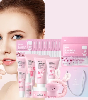SAKURA  Skincare Set Complete Facial Care Including Eye Cream, Cleanser, Facial Oil, Lip Mask, PeelOff Mask Moisturizing For ALL