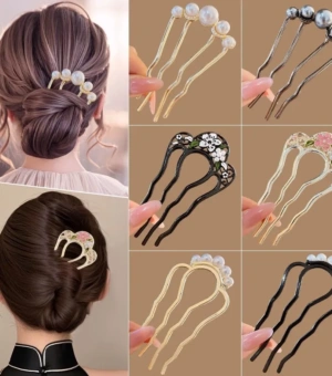 U-Shape Pearl Hairpins 4 Teeth Retro Metal Material Hair Stick Korean Style Elegant Simple Hair Clips Hearwear Hair Accessories
